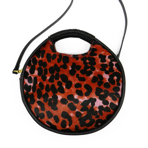 Luna Round Wrap Handle Crossbody in Pink Multi Leopard Hair