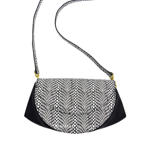 Roux Pleated Gusset Crossbody Clutch in Black & White Watersnake