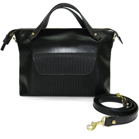 sienna satchel in black smooth & black woven cowhide leather