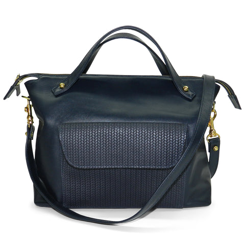 sienna satchel in navy smooth & navy woven cowhide leather