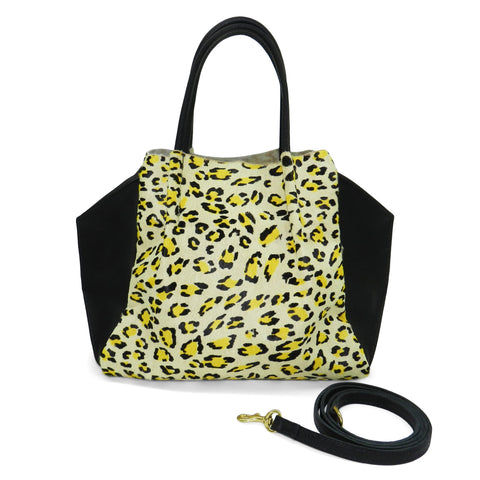 zoe tote in citron leopard haircalf & black pebble leather