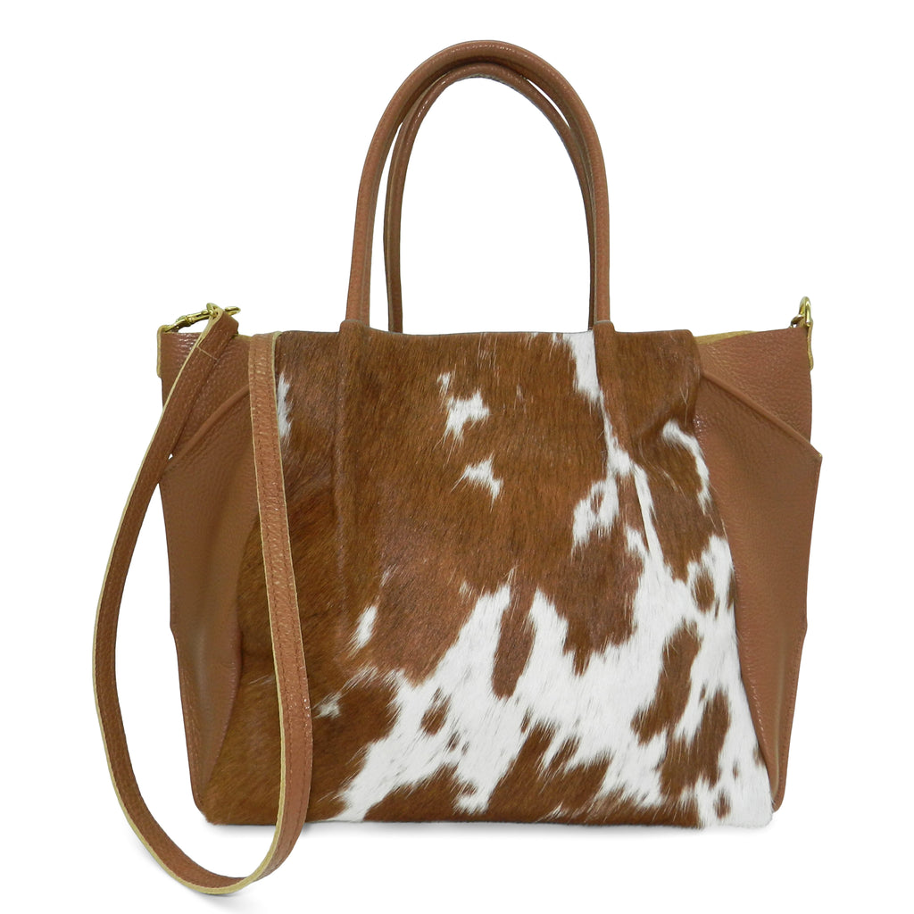 zoe tote in natural brown haircalf & cognac pebble leather