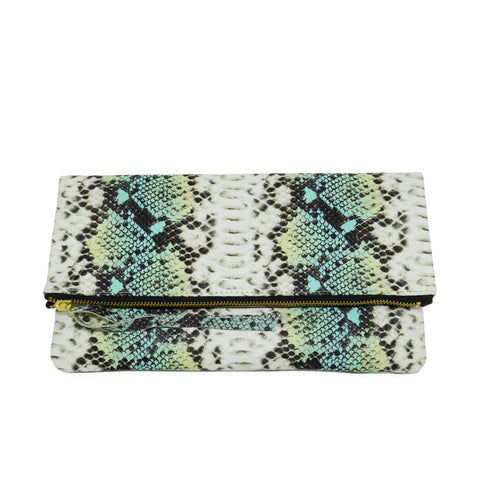 anastasia clutch in green snake leather