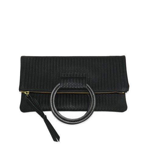 jolie clutch with handmade leather handles in black woven leather