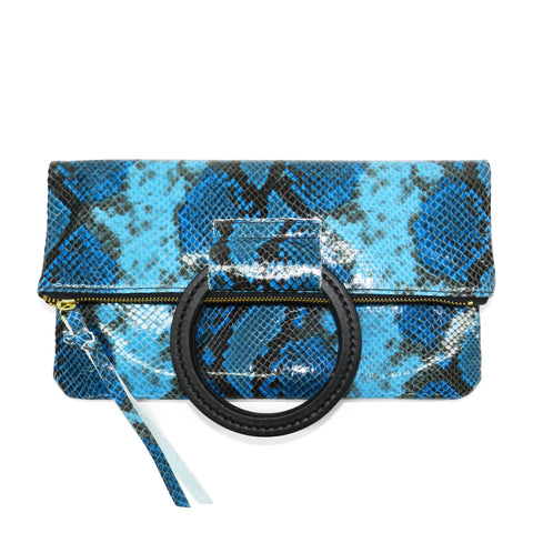 jolie clutch with handmade leather handles in blue python leather