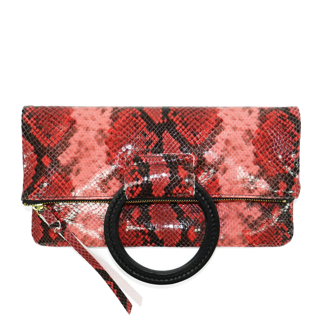 jolie clutch with handmade leather handles in red python leather