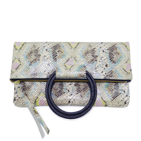 jolie clutch with handmade leather handles in spring diamond snake leather