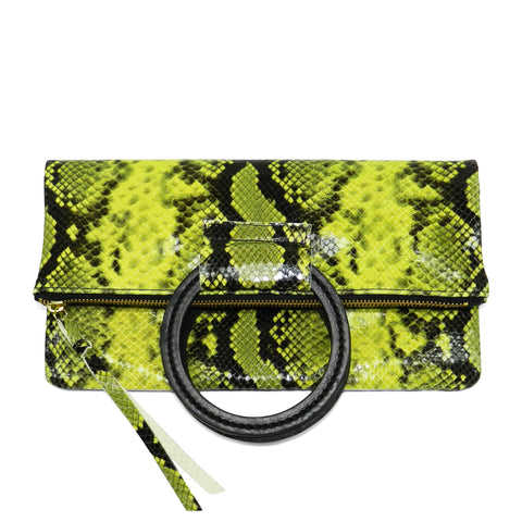 jolie clutch with handmade leather handles in yellow python leather