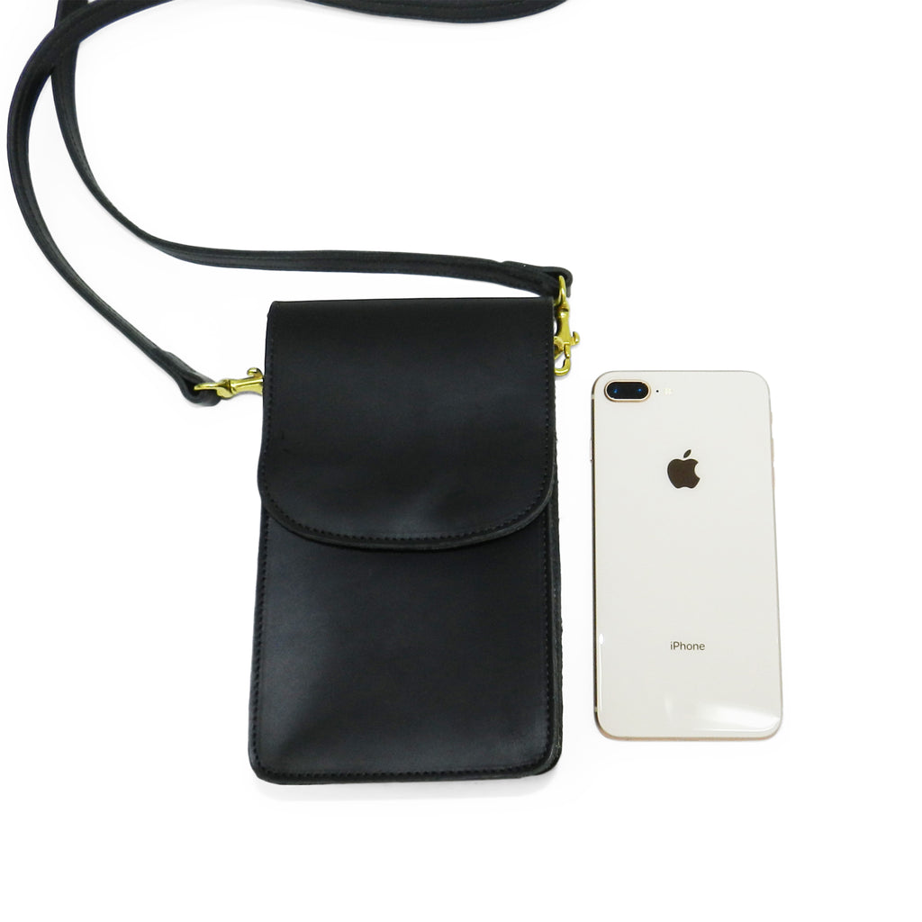 margo mini crossbody phone bag in black veg tan leather