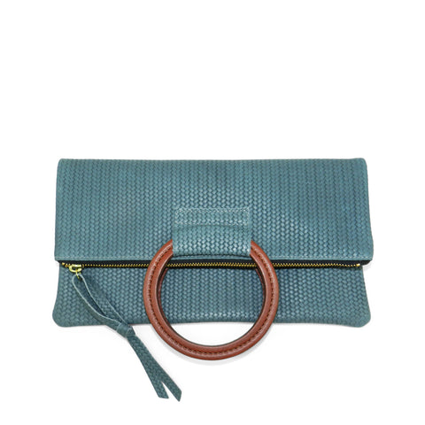 jolie clutch with handmade leather handles in ocean woven leather